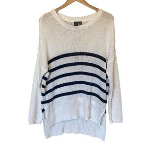 Quinn Long Sleeve Pullover Knit White Blue Strip High Low Hem Sweater L